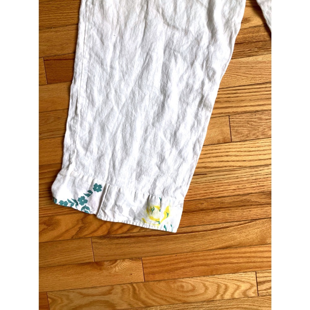 Home Frocks White 100% Linen Wide Leg Crop Pants L Floral Patchwork Trim - Picture 8 of 11